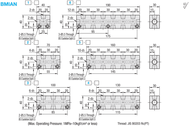 Manifold Blocks - Pneumatic - Outlets on 2 sides, Horizontal / Outlets on 1 side, Vertical, 2 Inlets:Related Image