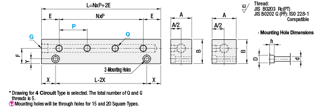 Manifold Blocks - Hydralulic/Pneumatic, Outlets 1 Side, 1 Inlet, Vertical Mounting:Related Image