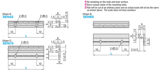 Rails for Switches and Sensors- Aluminum Type with Scale L Dimension Configurable, Shape A,B,C:Related Image
