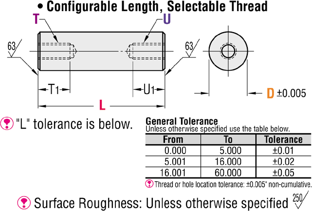 Circular Posts - Both Ends Tapped, Configurable Length, Selectable Thread (INCH):Related Image