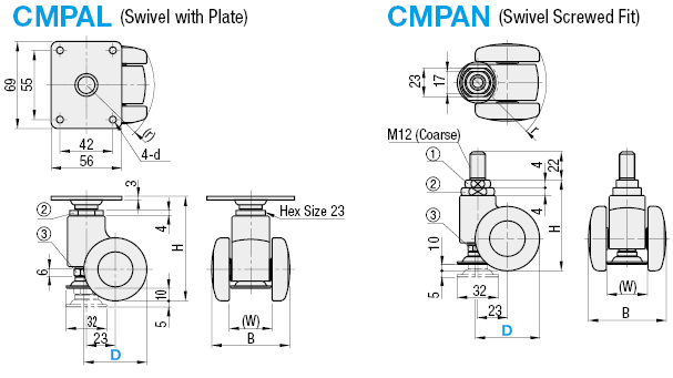 Casters for Aluminum Extrusions - Threaded/Swivel with Plate:Related Image
