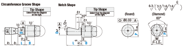 Locating Pins for Fixtures - Standard Grade, Short Set Screw Groove, Tip Shape Selectable, Notched, Shouldered:Related Image