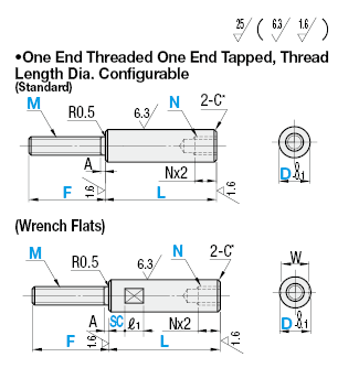 Circular Posts - One End Threaded, One End Tapped, Configurable L Dimension & Thread Length:Related Image