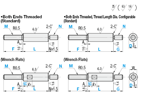 Circular Posts - One End Threaded, One End Tapped, Configurable L Dimension & Thread Length:Related Image