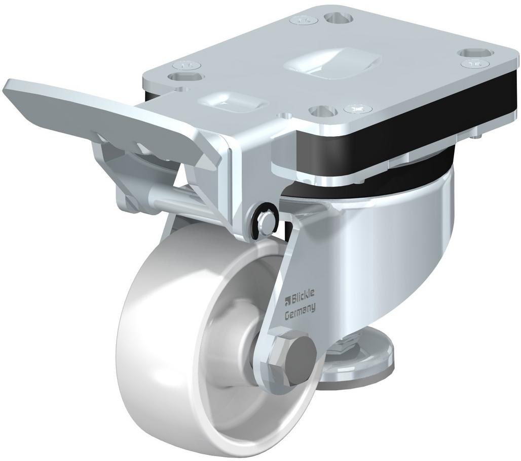 Leveling Casters - Fixed Position Operating Lever And Integrated Truck Brake, With Top Plate Fitting, Plain Bore, Impact Resistant White Nylon Wheel