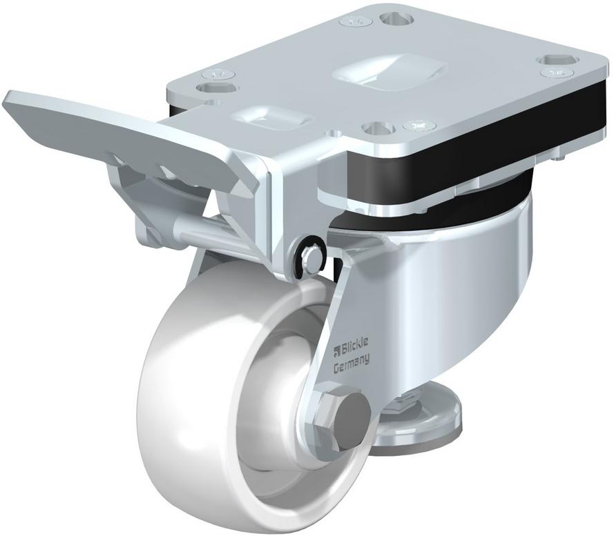Leveling Casters - Fixed Position Operating Lever And Integrated Truck Brake, With Top Plate Fitting, Plain Bore, Impact Resistant Heavy Duty White Nylon Wheel