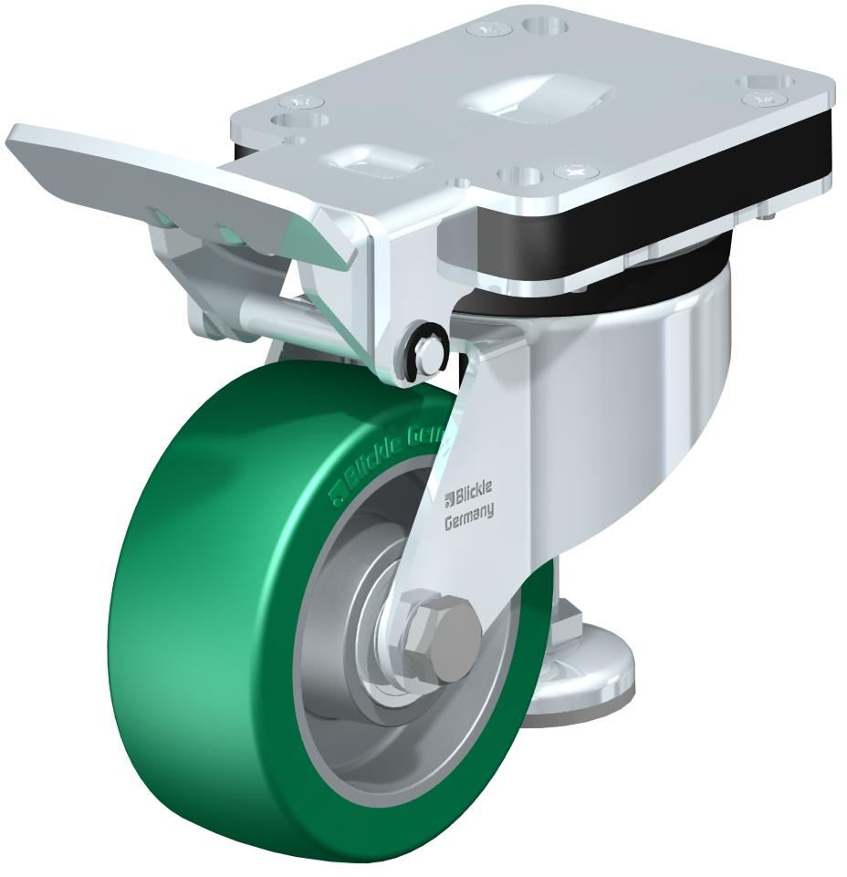 Leveling Casters - Fixed Position Lever, Truck Brake, Top Plate, Ball Bearing, Softhane Polyurethane Tread, Aluminum Wheel