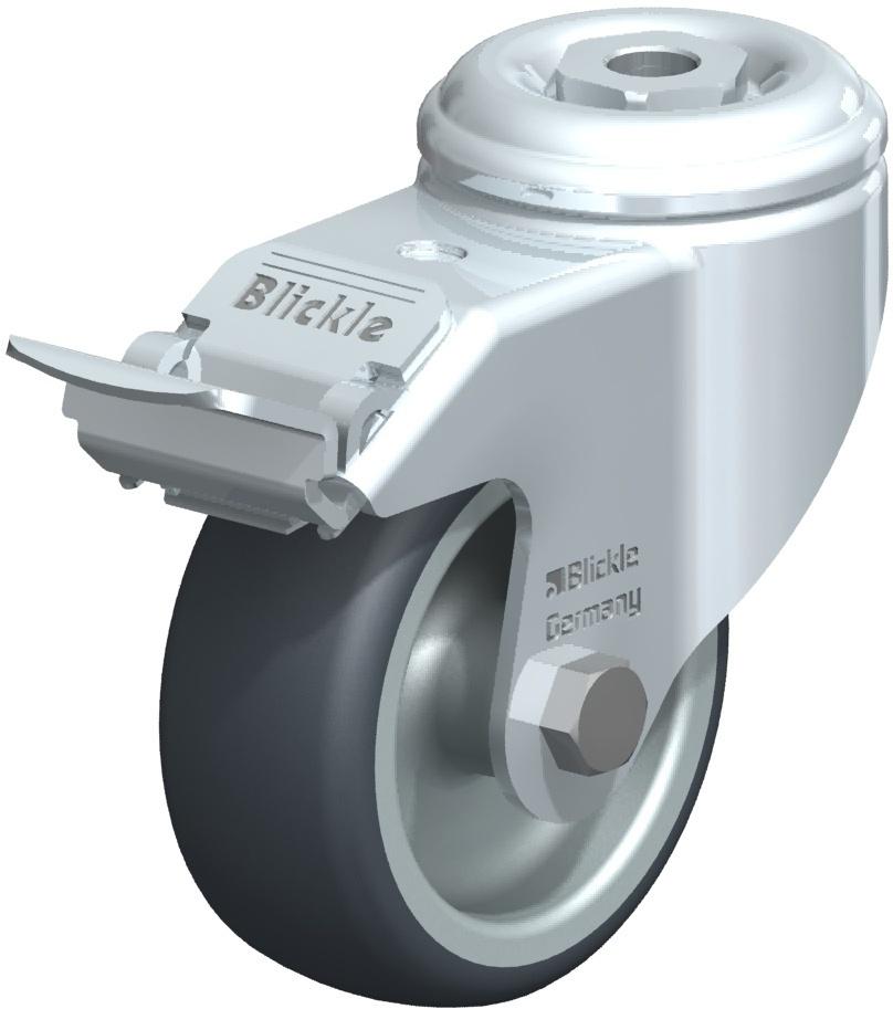 Medium Duty Institutional Swivel Casters - Hollow Kingpin, Gray Thermoplastic Rubber Tread On Gray Polypropylene Core Wheel, Stop-Fix Brake LKRA-TPA 101G-FI