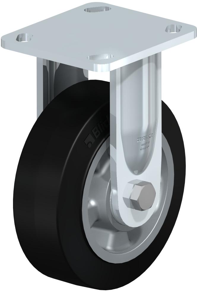 Medium Duty Industrial Top Plate Casters - Rigid, Ball Bearing, Blickle EasyRoll Black Rubber Tread On Aluminum Core Wheel