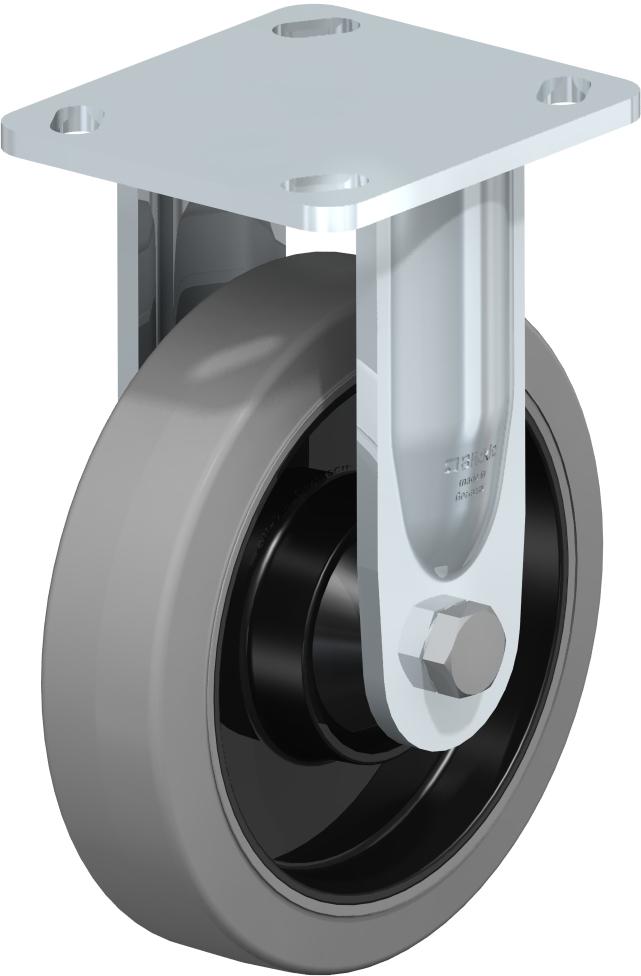 Medium Duty Industrial Top Plate Casters - Rigid, Ball Bearing, Blickle EasyRoll Gray Tread On Black Nylon Core Wheel