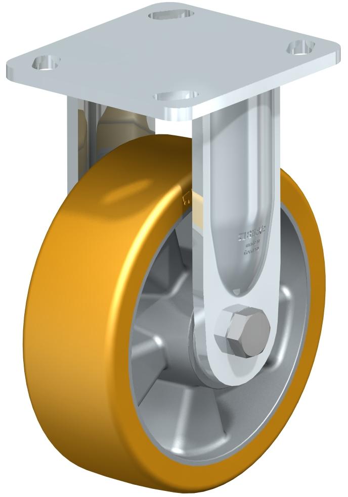 Medium Duty Industrial Top Plate Casters - Rigid, Ball Bearing, Blickle Extrathane Yellow Polyurethane Tread On Aluminum Core Wheel