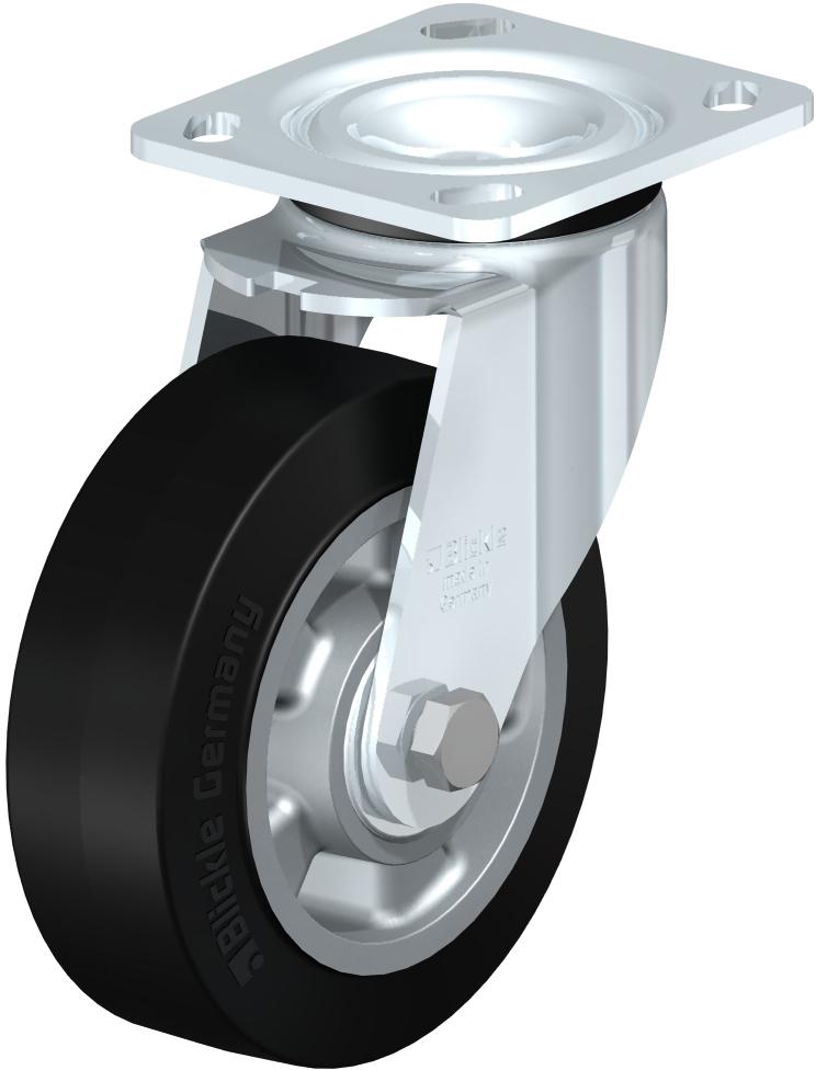 Medium Duty Industrial Top Plate Casters - Swivel, Ball Bearing, Blickle EasyRoll Black Rubber Tread On Aluminum Core Wheel