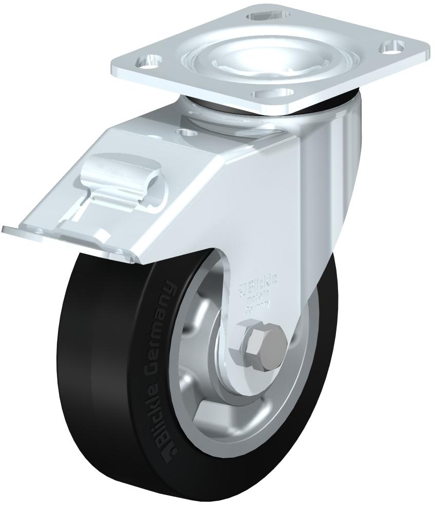 Medium Duty Industrial Top Plate Casters - Swivel, Ball Bearing, Blickle EasyRoll Black Rubber Tread On Aluminum Core Wheel, Stop-Fix Brake