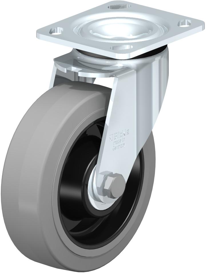 Medium Duty Industrial Top Plate Casters - Swivel, Ball Bearing, Blickle EasyRoll Gray Tread On Black Nylon Core Wheel