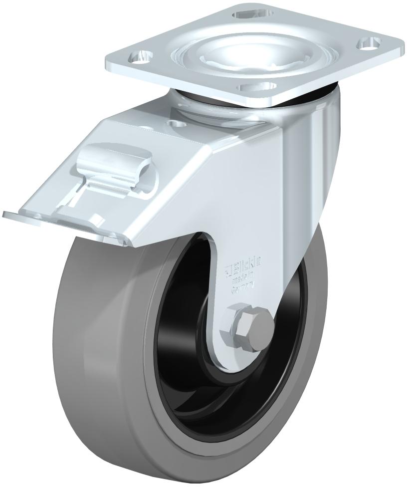 Medium Duty Industrial Top Plate Casters - Swivel, Ball Bearing, Blickle EasyRoll Gray Tread On Black Nylon Core Wheel, Stop-Fix Brake LEH-POEV 160K-14-FI-SG