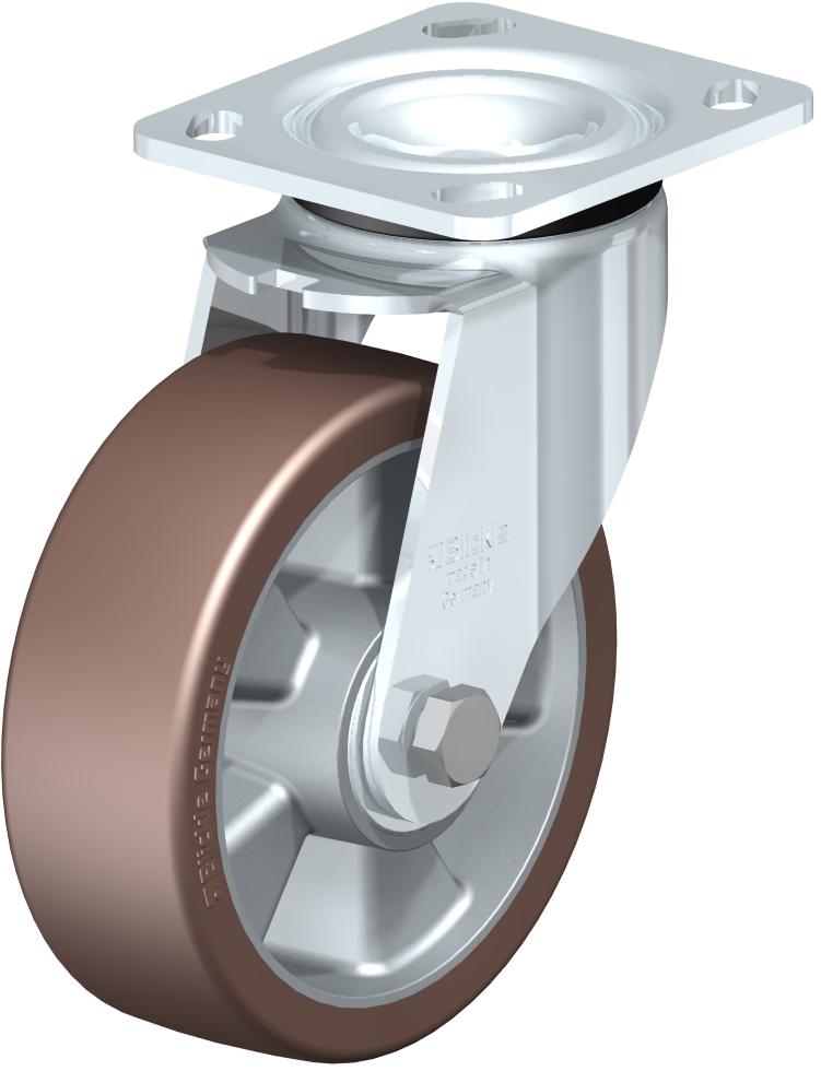 Medium Duty Industrial Top Plate Casters - Swivel, Ball Bearing, Blickle Extrathane Brown Polyurethane Tread On Aluminum Core Wheel LEH-ALB 200K-14-01