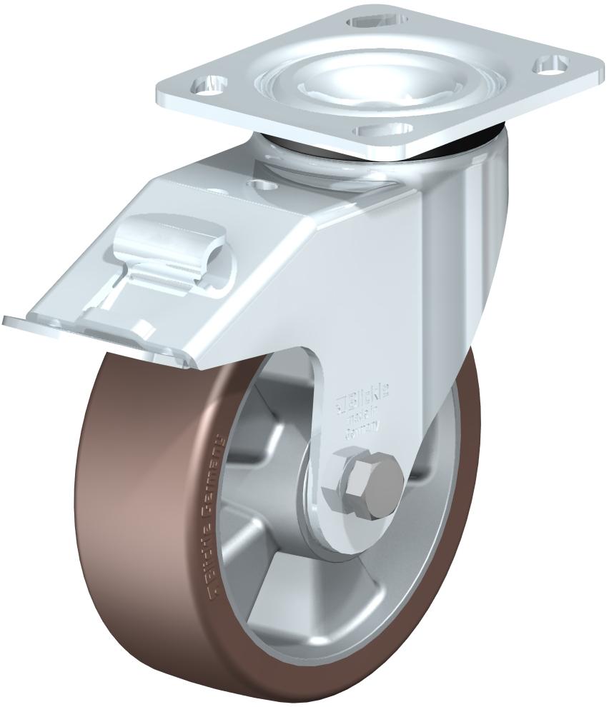Medium Duty Industrial Top Plate Casters - Swivel, Ball Bearing, Blickle Extrathane Brown Polyurethane Tread On Aluminum Core Wheel, Stop-Fix Brake