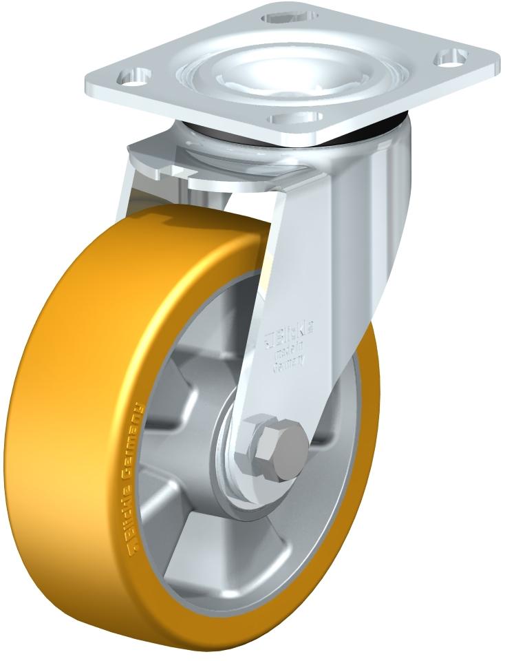 Medium Duty Industrial Top Plate Casters - Swivel, Ball Bearing, Blickle Extrathane Yellow Polyurethane Tread On Aluminum Core Wheel