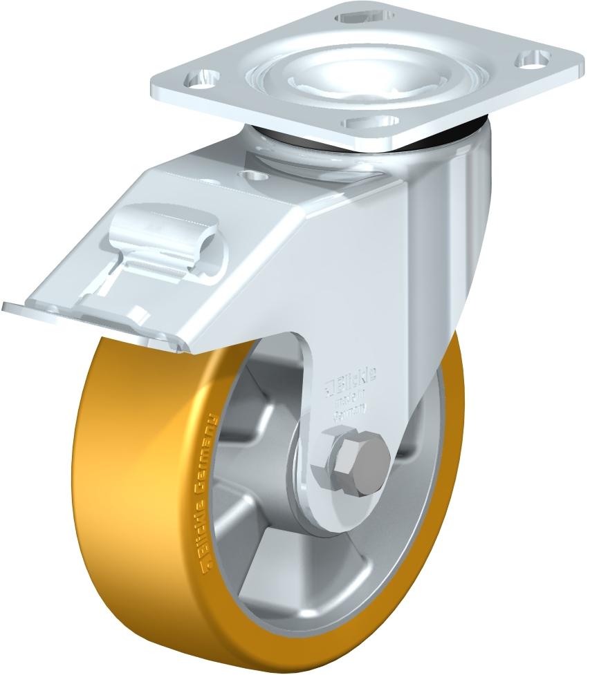 Medium Duty Industrial Top Plate Casters - Swivel, Ball Bearing, Blickle Extrathane Yellow Polyurethane Tread On Aluminum Core Wheel, Stop-Fix Brake