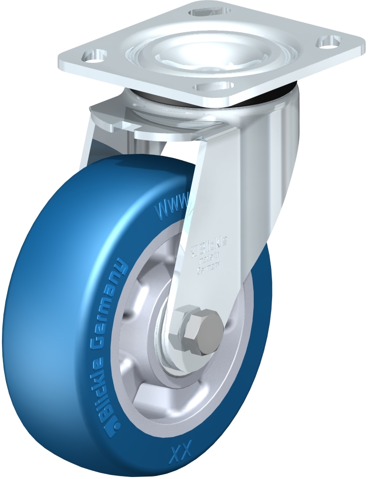 Medium Duty Industrial Top Plate Casters - Swivel, Ball Bearing, Blickle Softhane Blue Crowned Polyurethane Tread On Aluminum Core Wheel