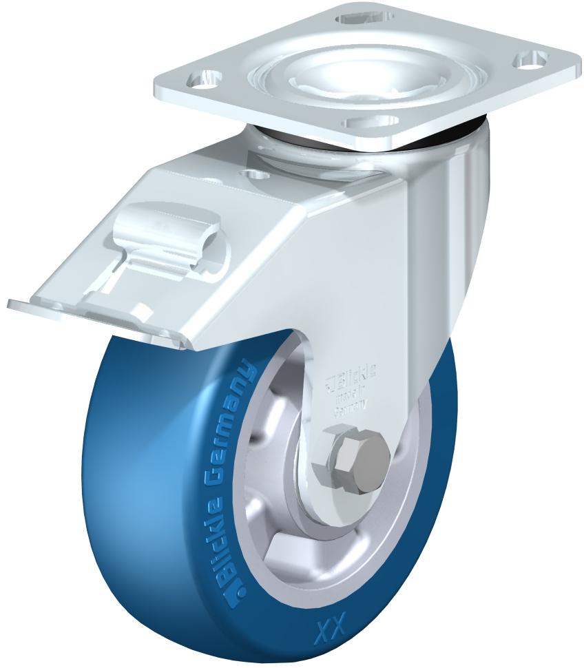 Medium Duty Industrial Top Plate Casters - Swivel, Ball Bearing, Blickle Softhane Blue Crowned Polyurethane Tread On Aluminum Core Wheel, Stop-Fix Brake