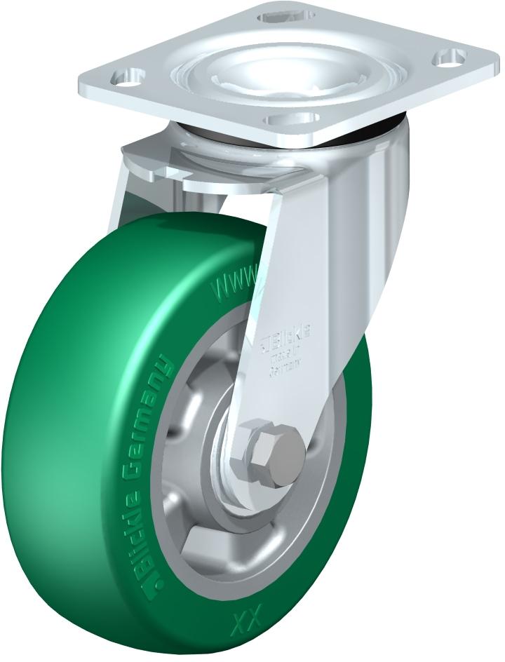 Medium Duty Industrial Top Plate Casters - Swivel, Ball Bearing, Blickle Softhane Green Crowned Polyurethane Tread On Aluminum Core Wheel