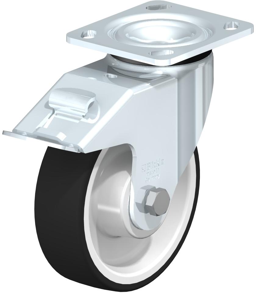 Medium Duty Industrial Top Plate Casters - Swivel, Ball Bearing, Gray Thermoplastic Polyurethane Tread On White Nylon Core Wheel, Stop-Fix Brake