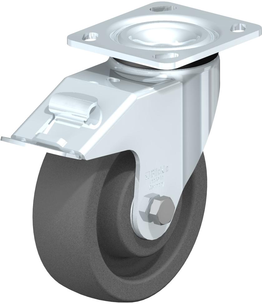 Medium Duty Industrial Top Plate Casters - Swivel, Ball Bearing, Impact Resistant Extra Heavy Gray Nylon Wheel, Stop-Fix Brake LEH-SPOG 150K-14-FI