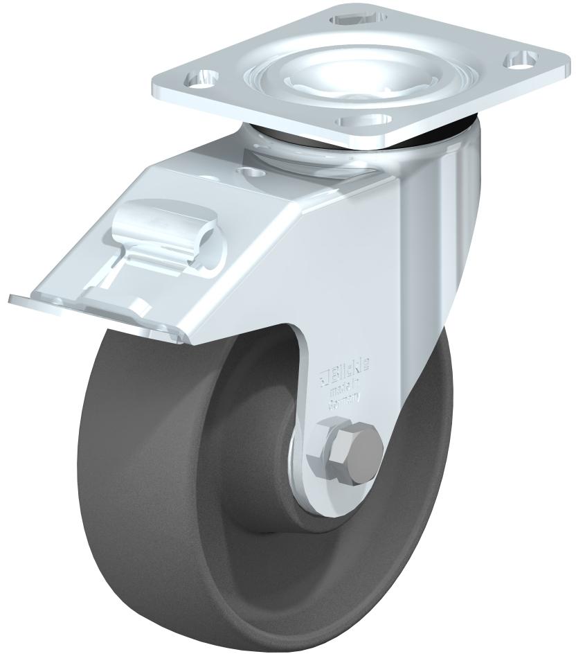 Medium Duty Industrial Top Plate Casters - Swivel, Ball Bearing, Impact Resistant Gray Nylon Wheel, Stop-Fix Brake