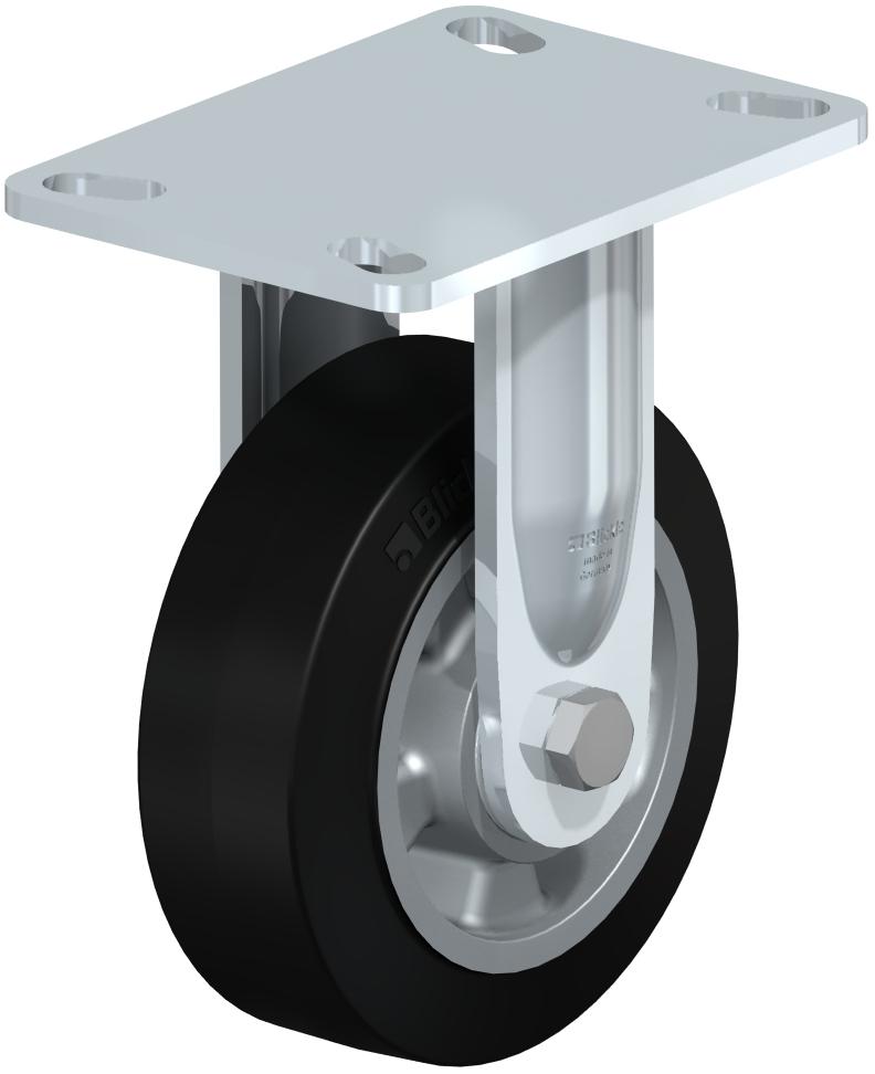 Heavy Duty Industrial Large Top Plate Casters - Rigid, Ball Bearing, Blickle EasyRoll Black Rubber Tread On Aluminum Core Wheel