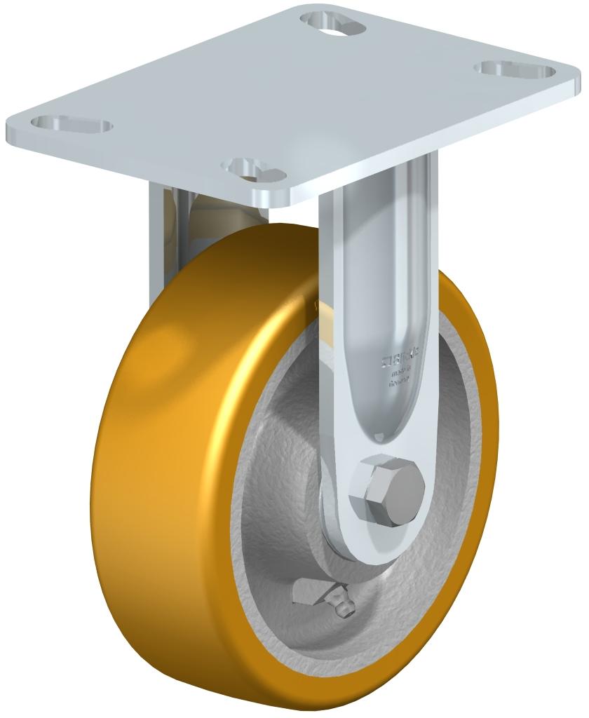 Heavy Duty Industrial Large Top Plate Casters - Rigid, Ball Bearing, Blickle Extrathane Yellow Polyurethane Tread On Cast Iron Core Wheel