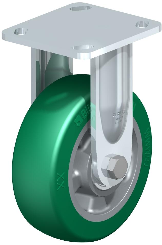 Heavy Duty Industrial Large Top Plate Casters - Rigid, Ball Bearing, Blickle Softhane Green Crowned Polyurethane Tread On Aluminum Core Wheel