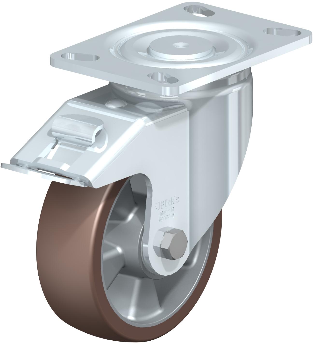Heavy Duty Industrial Large Top Plate Casters - Swivel, Ball Bearing, Blickle Besthane Brown Polyurethane Tread On Aluminum Core Wheel, Stop-Fix Brake LH-ALB 200K-16-FI