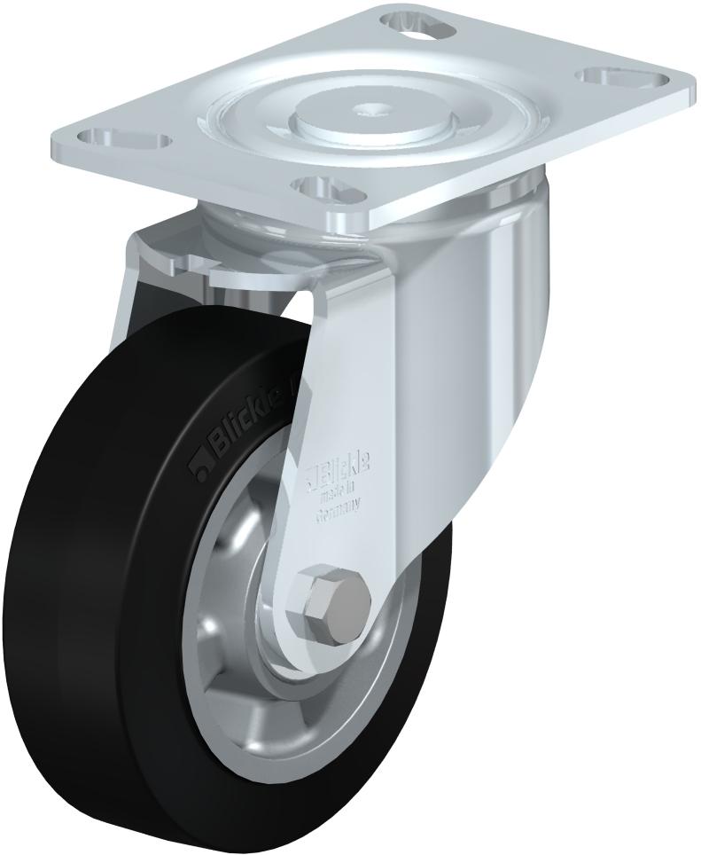 Heavy Duty Industrial Large Top Plate Casters - Swivel, Ball Bearing, Blickle EasyRoll Black Rubber Tread On Aluminum Core Wheel