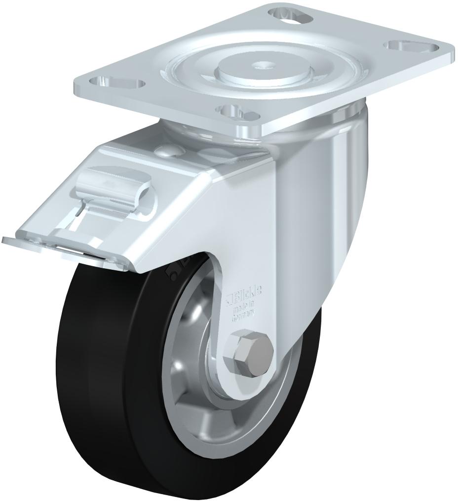Heavy Duty Industrial Large Top Plate Casters - Swivel, Ball Bearing, Blickle EasyRoll Black Rubber Tread On Aluminum Core Wheel, Stop-Fix Brake