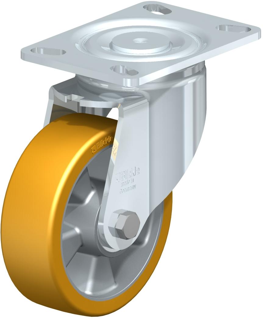 Heavy Duty Industrial Large Top Plate Casters - Swivel, Ball Bearing, Blickle Extrathane Yellow Polyurethane Tread On Aluminum Core Wheel