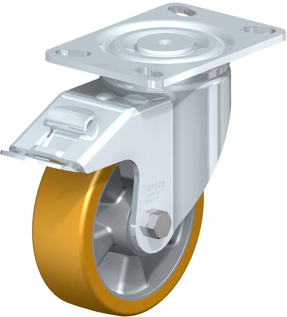 Heavy Duty Industrial Large Top Plate Casters - Swivel, Ball Bearing, Blickle Extrathane Yellow Polyurethane Tread On Aluminum Core Wheel, Stop-Fix Brake