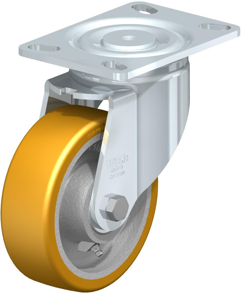 Heavy Duty Industrial Large Top Plate Casters - Swivel, Ball Bearing, Blickle Extrathane Yellow Polyurethane Tread On Cast Iron Core Wheel LH-GTH 150K-16