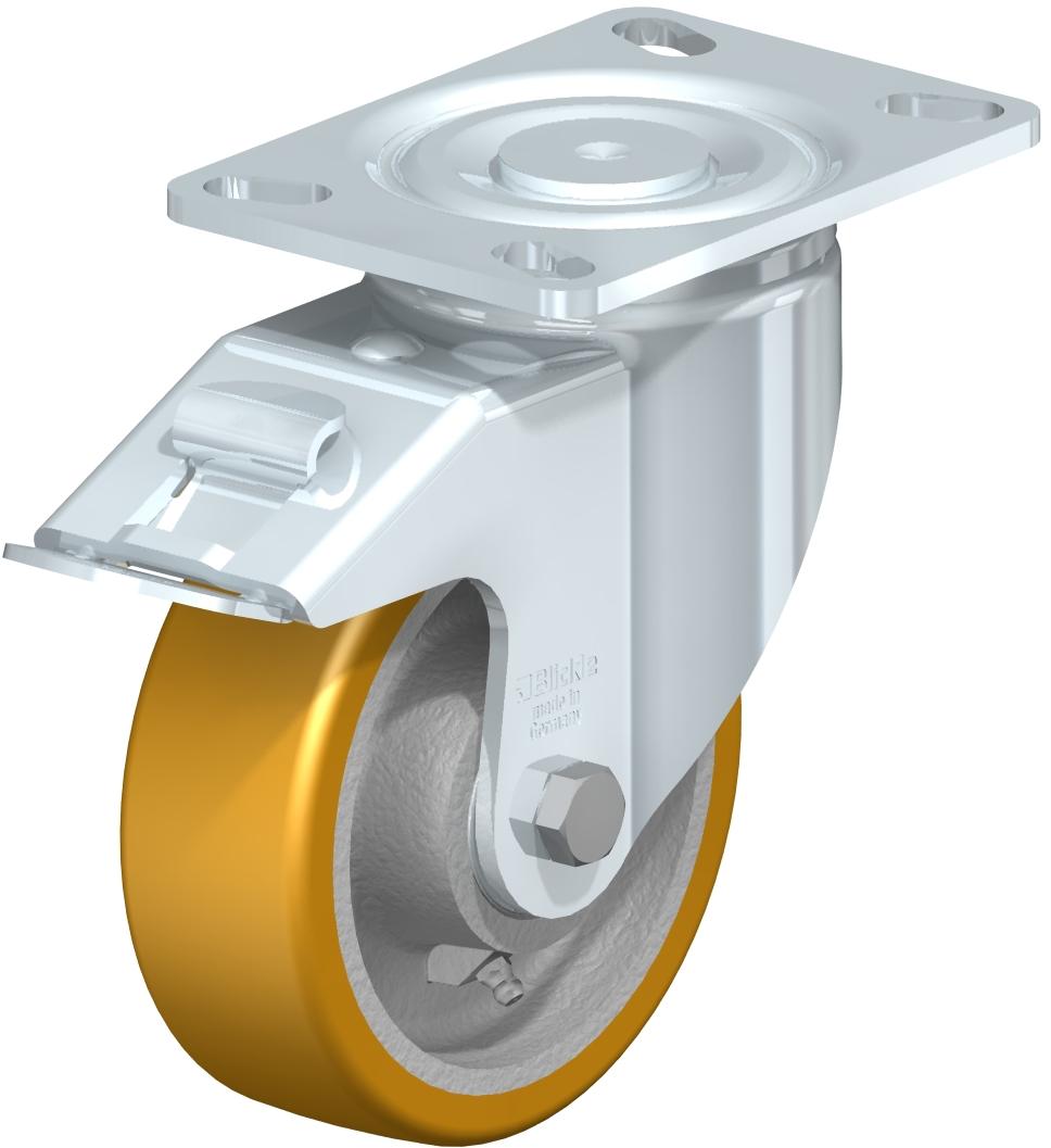Heavy Duty Industrial Large Top Plate Casters - Swivel, Ball Bearing, Blickle Extrathane Yellow Polyurethane Tread On Cast Iron Core Wheel, Stop-Fix Brake LH-GTH 200K-16-FI