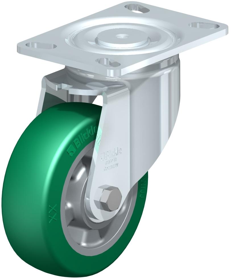 Heavy Duty Industrial Large Top Plate Casters - Swivel, Ball Bearing, Blickle Softhane Green Crowned Polyurethane Tread On Aluminum Core Wheel LH-ALST 200K-16-CO