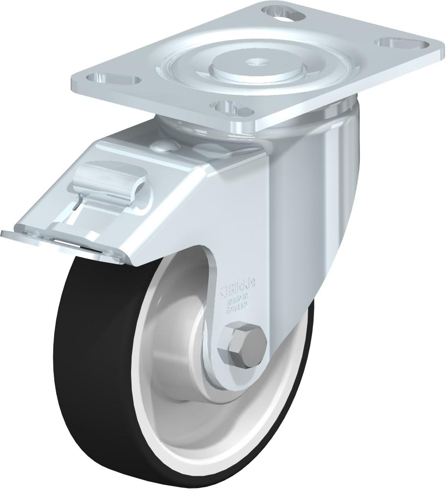 Heavy Duty Industrial Large Top Plate Casters - Swivel, Ball Bearing, Gray Thermoplastic Polyurethane Tread On White Nylon Core Wheel, Stop-Fix Brake LH-POTH 150K-16-FI