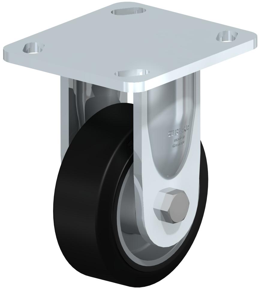 Heavy Duty Industrial Small Top Plate Casters - Rigid, Ball Bearing, Blickle EasyRoll Black Rubber Tread On Aluminum Core Wheel