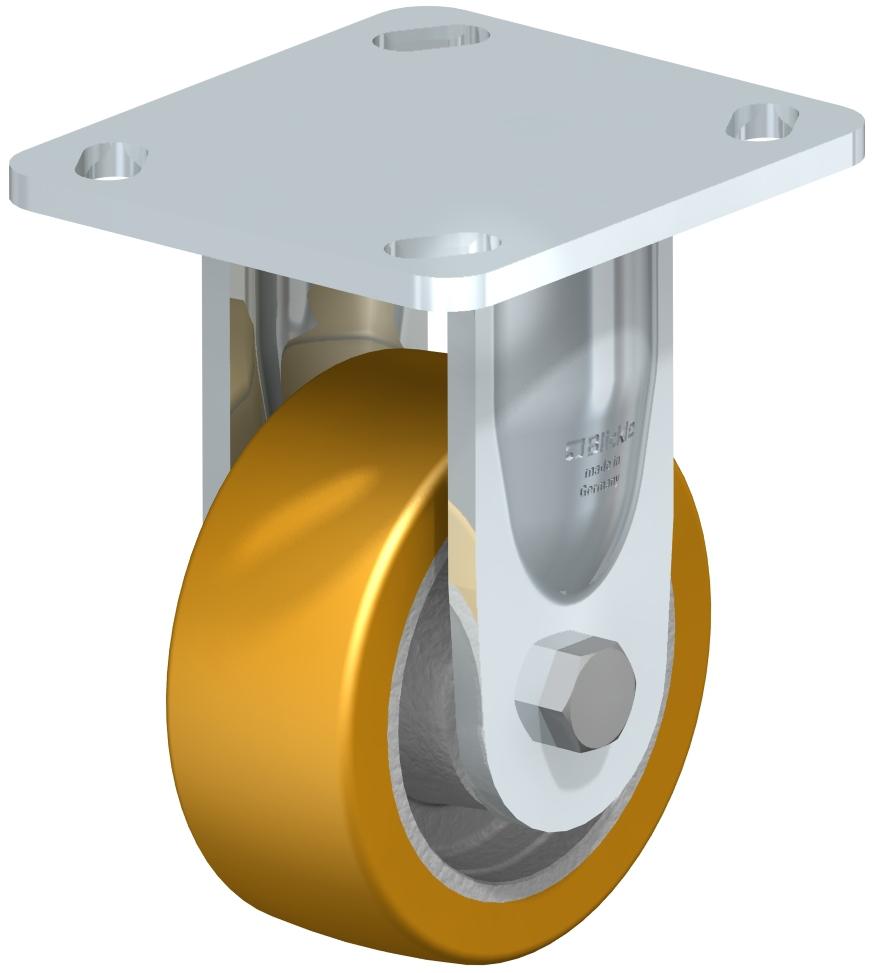 Heavy Duty Industrial Small Top Plate Casters - Rigid, Ball Bearing, Blickle Extrathane Yellow Polyurethane Tread On Cast Iron Core Wheel