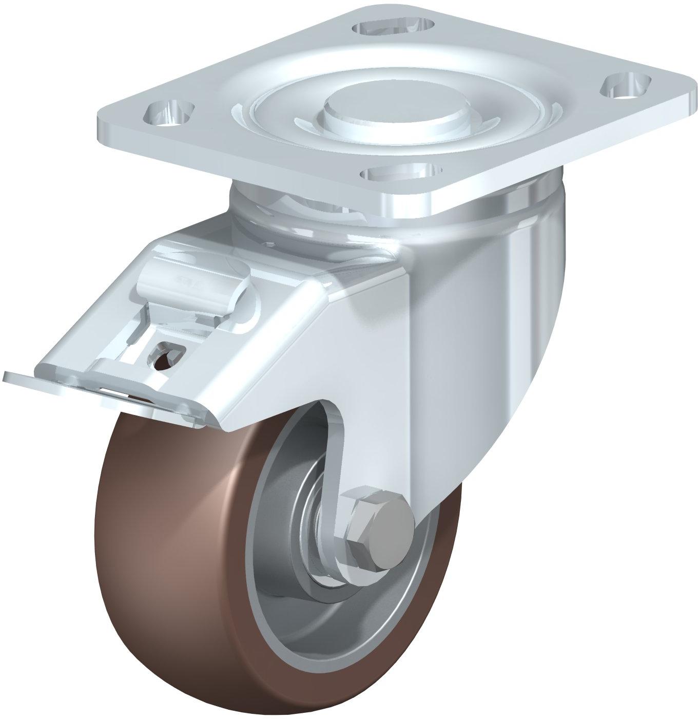 Heavy Duty Industrial Small Top Plate Casters - Swivel, Ball Bearing, Blickle Besthane Brown Polyurethane Tread On Aluminum Core Wheel, Stop-Fix Brake