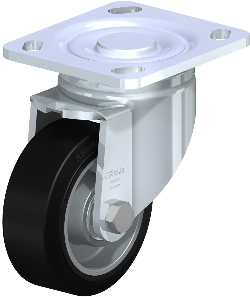 Heavy Duty Industrial Small Top Plate Casters - Swivel, Ball Bearing, Blickle EasyRoll Black Rubber Tread On Aluminum Core Wheel