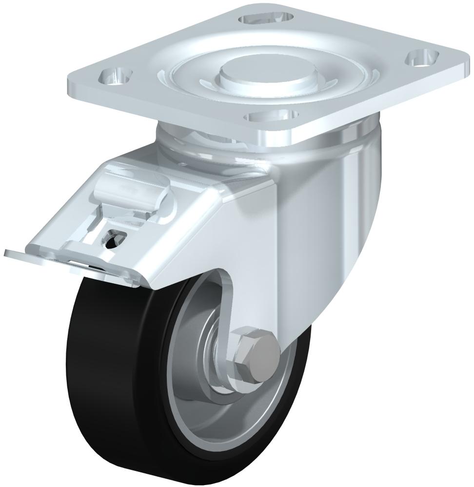 Heavy Duty Industrial Small Top Plate Casters - Swivel, Ball Bearing, Blickle EasyRoll Black Rubber Tread On Aluminum Core Wheel, Stop-Fix Brake
