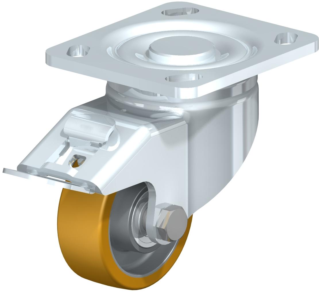 Heavy Duty Industrial Small Top Plate Casters - Swivel, Ball Bearing, Blickle Extrathane Yellow Polyurethane Tread On Aluminum Core Wheel, Stop-Fix Brake