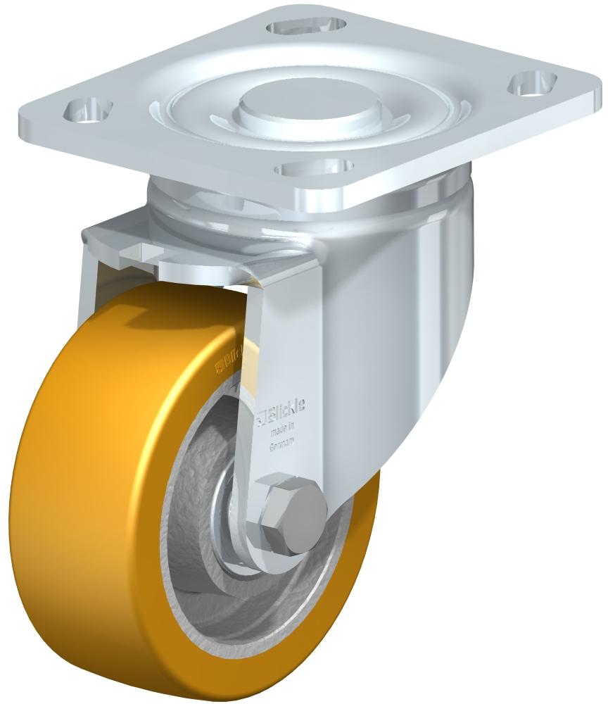 Heavy Duty Industrial Small Top Plate Casters - Swivel, Ball Bearing, Blickle Extrathane Yellow Polyurethane Tread On Cast Iron Core Wheel