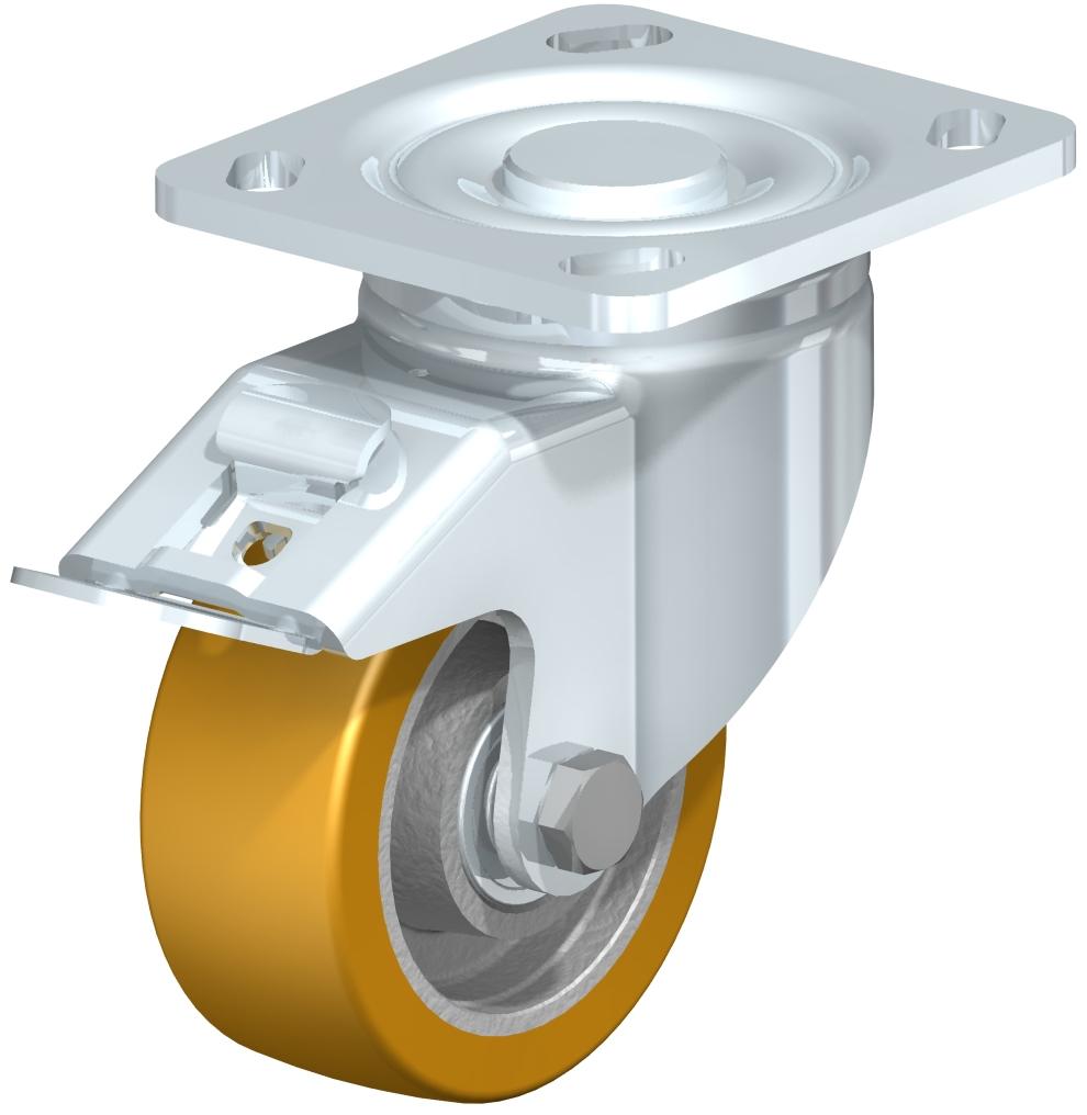 Heavy Duty Industrial Small Top Plate Casters - Swivel, Ball Bearing, Blickle Extrathane Yellow Polyurethane Tread On Cast Iron Core Wheel, Stop-Fix Brake