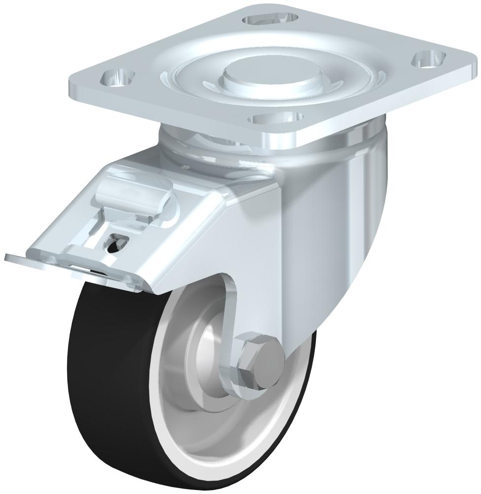 Heavy Duty Industrial Small Top Plate Casters - Swivel, Ball Bearing, Gray Thermoplastic Polyurethane Tread On White Nylon Core Wheel, Stop-Fix Brake